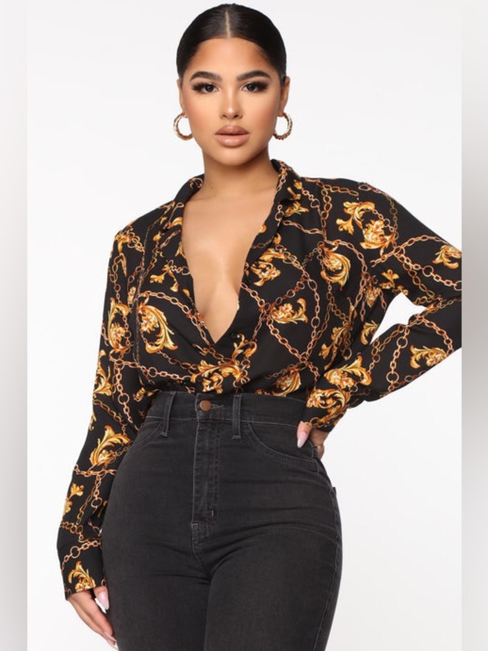 NWT Fashion Nova Oh She Classy Top Long Sleeve Blouse Black Gold Baroque Chain